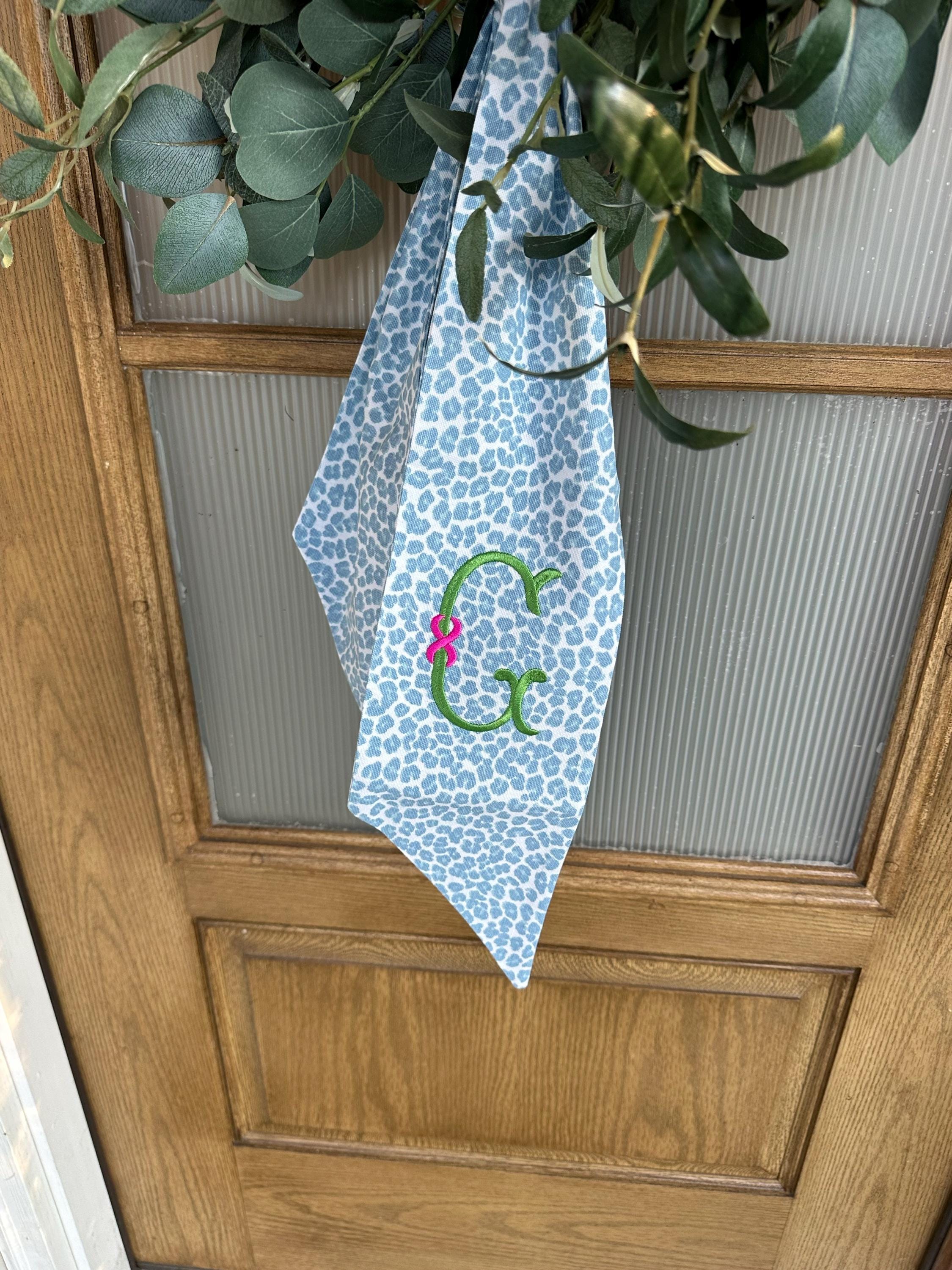 Monogram chinoiserie blue leopard wreath sash for front door, personalized embroidered spring wreath sash, custom wedding bridal shower gift