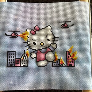 Hell No Kitty Kaiju EASY Cross Stitch Pattern - Instant PDF