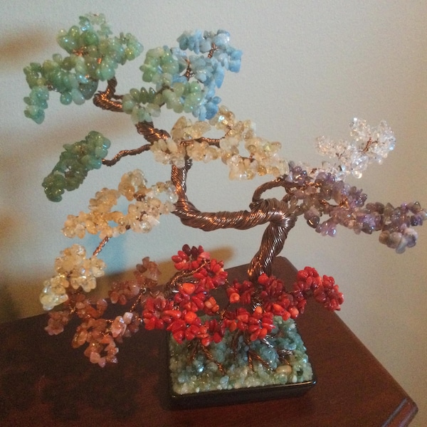 Zaicus Zeven chakra boom kristal levensboom stenen boom fortuin feng shui boom bonsai geldboom 7 chakra boom voor geluk, rijkdom en welvaart stenen Home decoraties gouden draad 25-30 cm