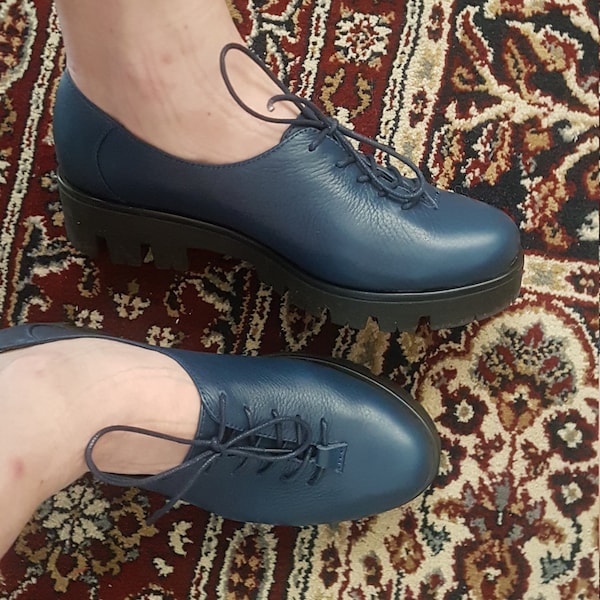 Women's Leather Shoes Navy Blue Oxfords Women Shoes Laceup Platform ...
