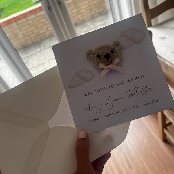 Personalised Crochet New Baby Card, Handmade Crochet Bear, Luxury New ...