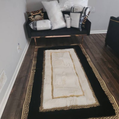 Plush Faux Leather Black Gold Kitchen Rug, Black Faux Leather Rug ...
