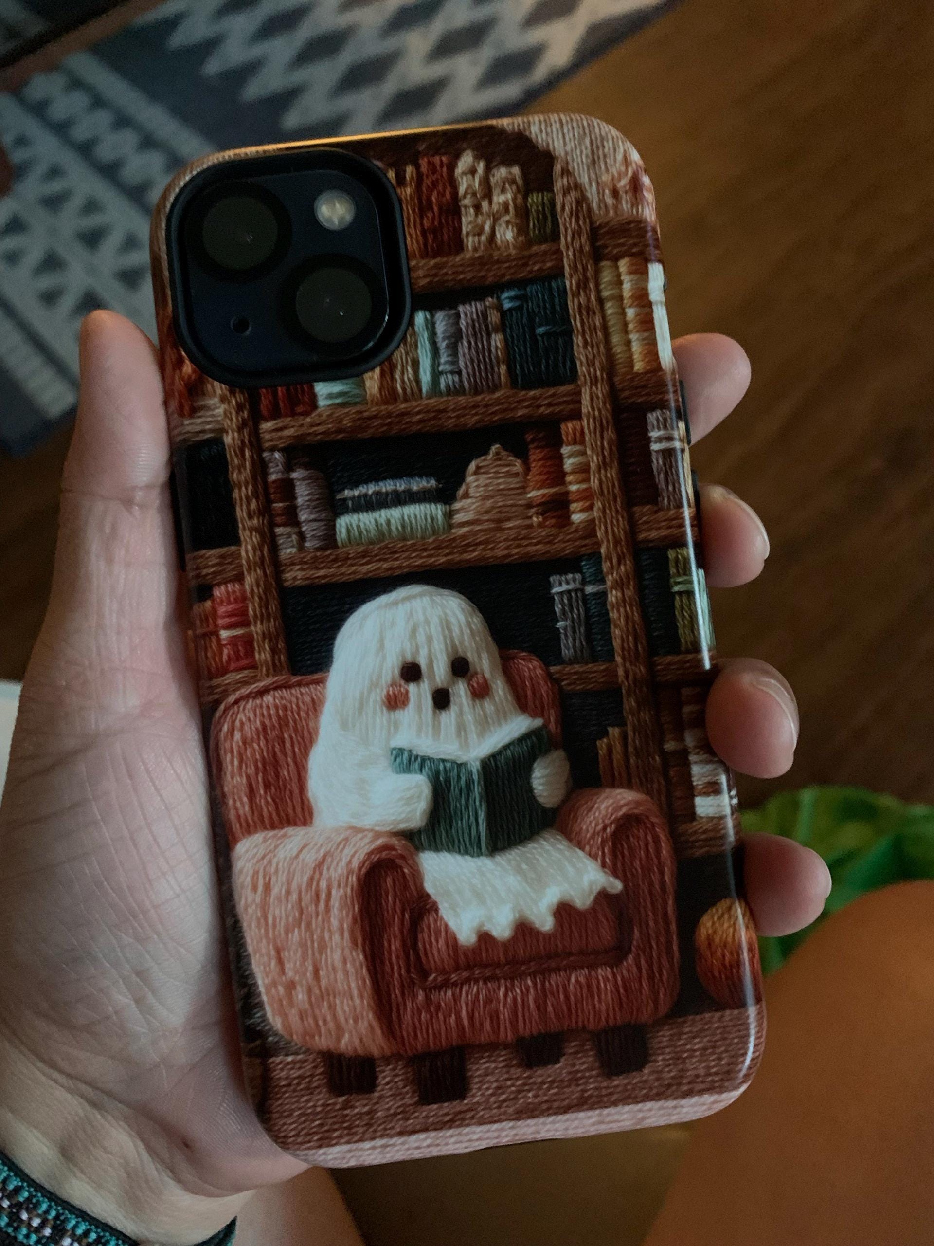 Cozy Ghost Reader Phone Case – Embroidered Look Tough Case for Book Lovers | Cute Halloween Autumn Aesthetic | iPhone & Samsung Case