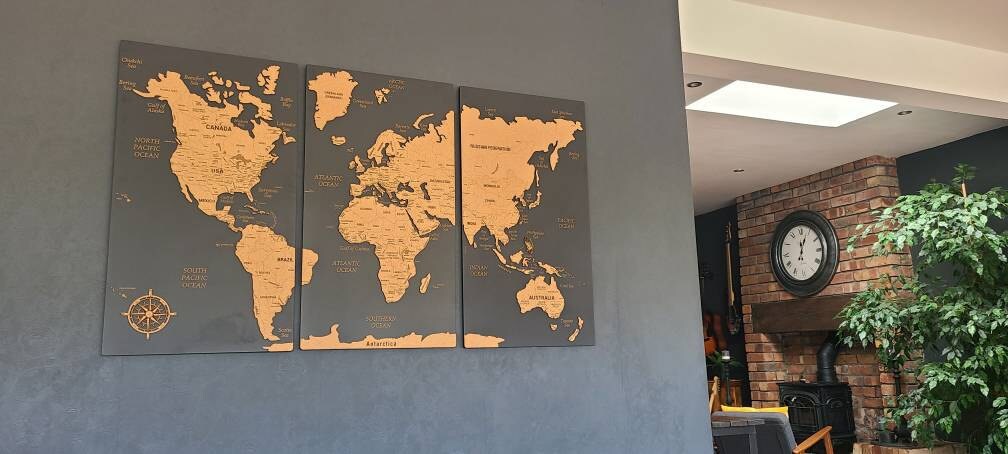 Wooden World Map Wall Art, Push Pin Travel World Map, Large Personalized World Map, Cork World Map Apartment Decor, 5th Anniversary Gift