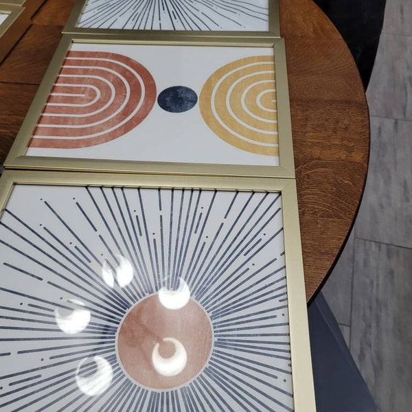 Blue Mid Century Modern Geometric Sun Print Set of 3 Prints, Digital ...