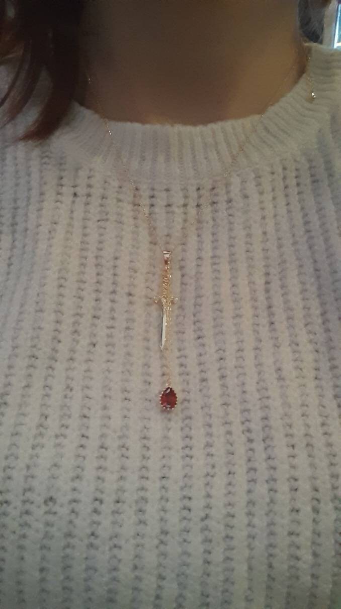 Sword and Blood Drop Necklace / Gold or Silver, Black Deep Red Teardrop Necklace