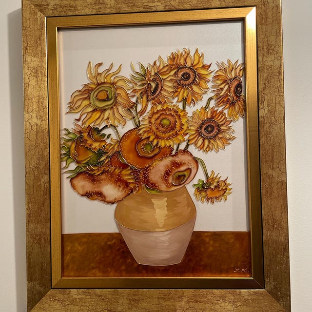 ゴッホのひまわり、ステンドグラス絵画、花の壁飾り、ひまわりの絵画