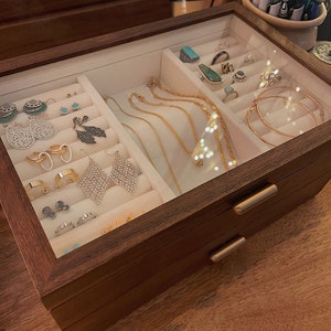 Glass Lid 2 Layer Jewelry Box with Drawer, Solid Walnut Wood Large Jewelry Organizer for Earring Bracelet Necklace Ring Storage,Gift for Her