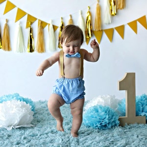 Boys First Birthday Outfit Cake Smash Baby Blue and Navy 1, 2, 3 or 4 Piece  Set Diaper Cover Tie Suspenders Party Hat Bow Tie Bloomers 