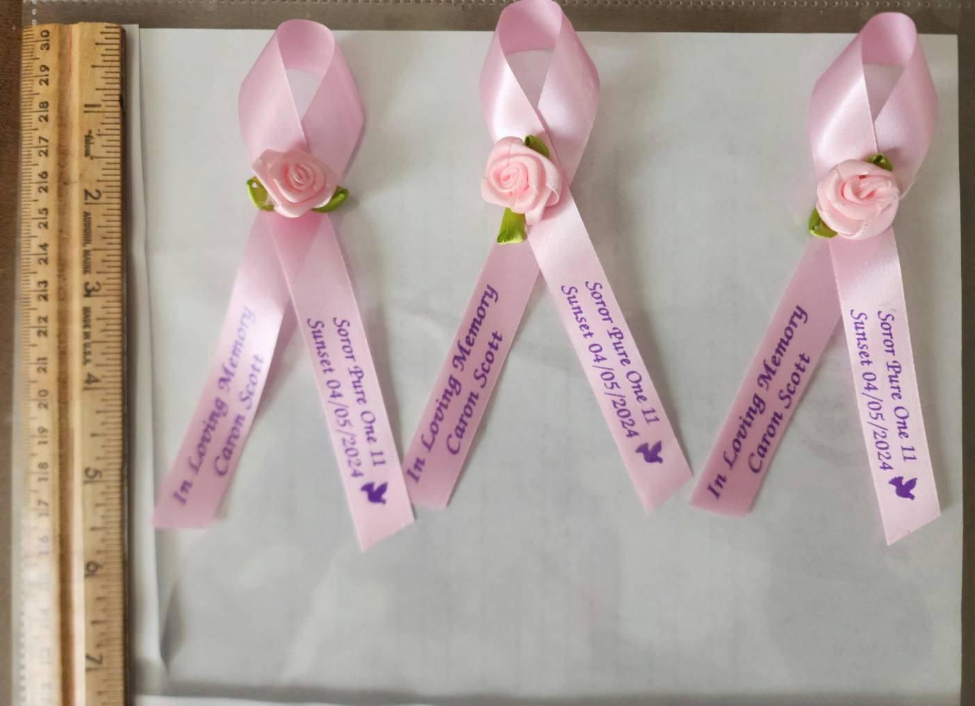 Personalized Memorial Ribbons with Pins for Funeral or Celebration of Life Assembled Fundraiser Awareness Ribbon - Rose Center Decoration