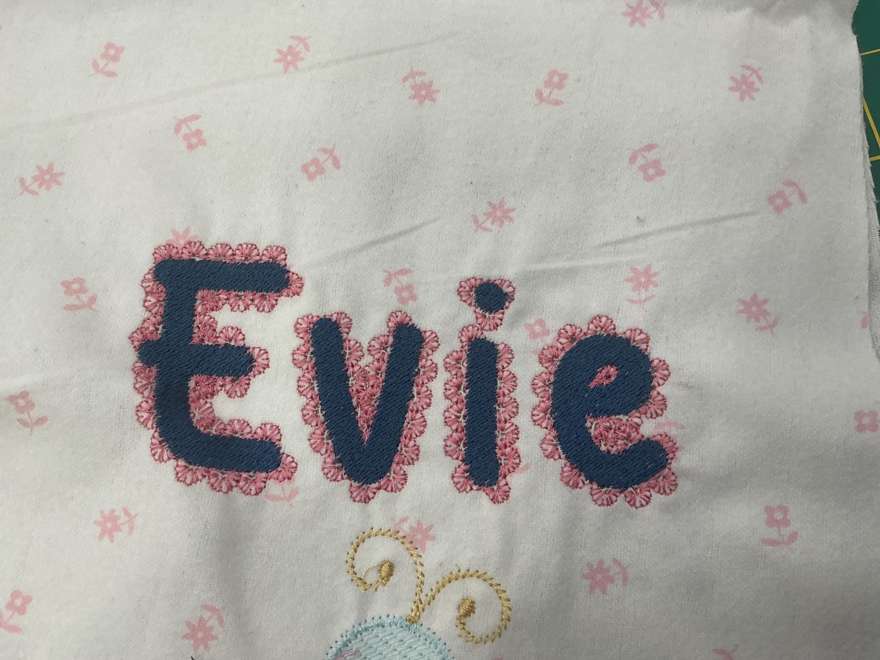 Customer project using Lace Edge Font Fill Stitch embroidery design