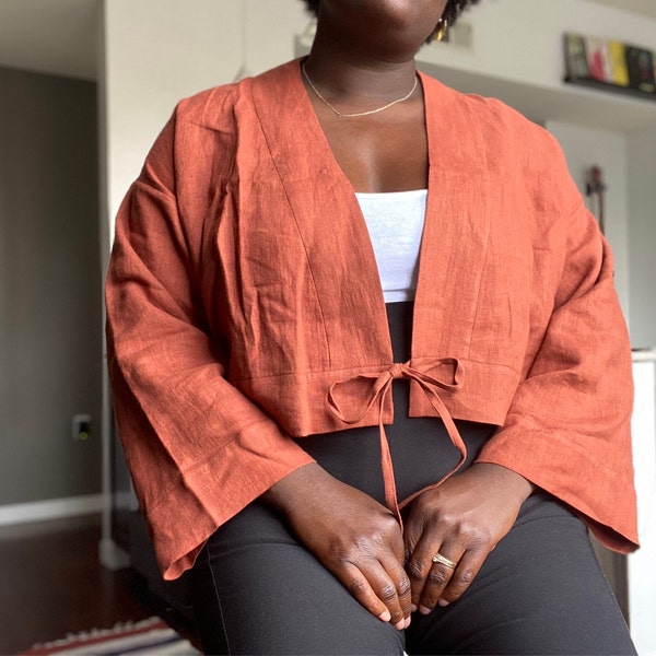 Tie Front Linen Top, Long Sleeve Linen Blouse