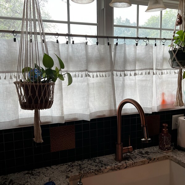 Boho Curtains|white Linen Bohemian Curtains With WHITE Tassels|kitchen ...