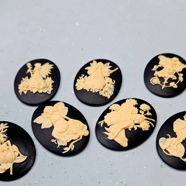 2 Unset Resin Cameos – Ivory Fairy & Ladybug On Black, 40mm X 30mm For Costume Jewelry