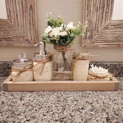 Bathroom Decor, Bathroom Set, Mason Jar Bathroom White, Farmhouse Bathroom Set, Rustic Bathroom ...