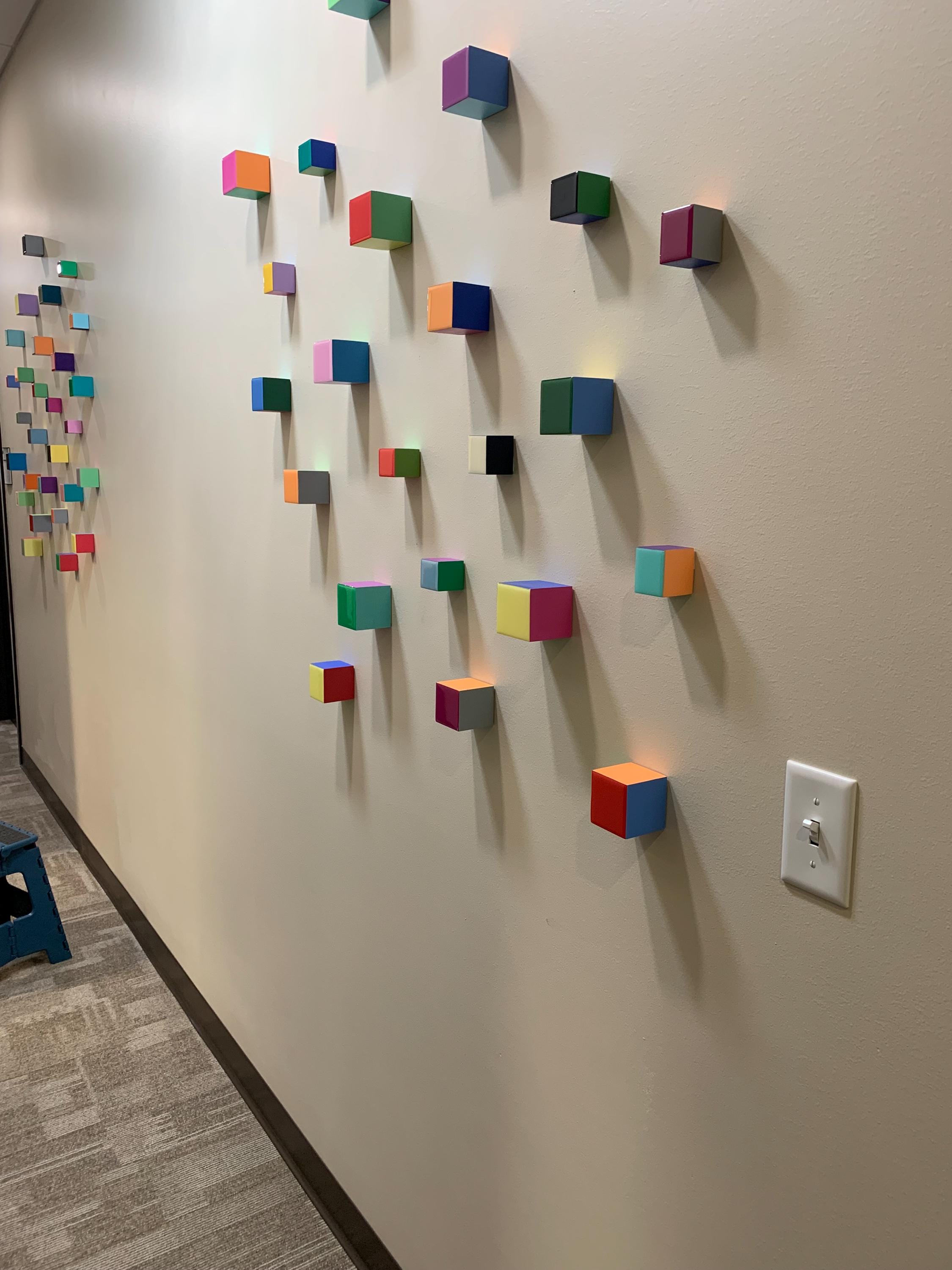 Modern Sculpture 3D wood wall art. © Hand-painted wooden cubes with vibrant bold colors. You can choose the number of wood cubes and sizes.