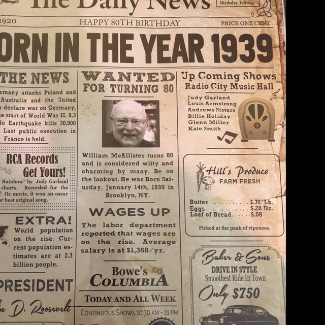 1939 Birthday NEWSPAPER Poster for 80th Birthday 1939 Facts | Etsy