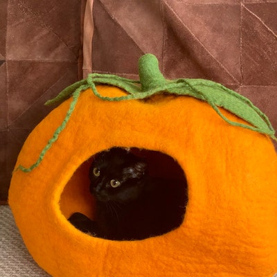 50cm Wool Pumpkin Cat Cave House, Felt Kitty Cocoon, Handmade Pet Bed, Wool Felt Cat Cave Bed ...