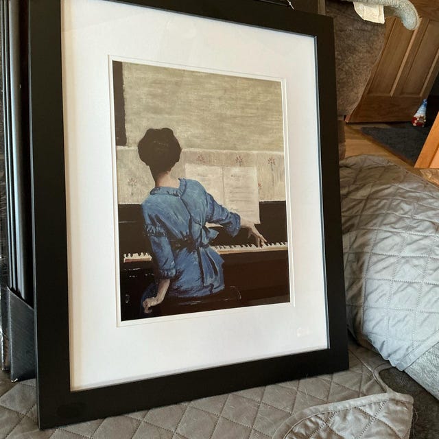 ピアノを弾く女性のヴィンテージ絵画、音楽の壁アート、ガーリーな
