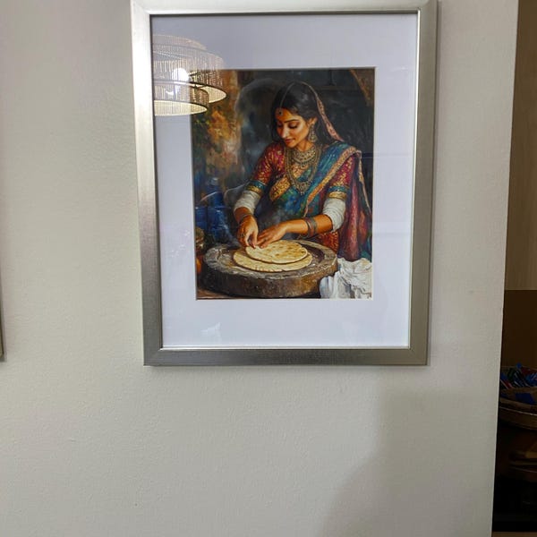 Ericka's Indian Woman Roti Canvas Print, Traditional Desi Kitchen Wall Art canvas print in their home — Antarmada