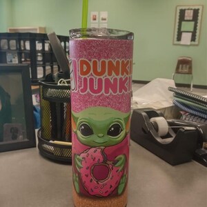 Dunkie Junkie Baby Yoda Grogu Tumbler 20 Oz Straw Slim Travel Mug