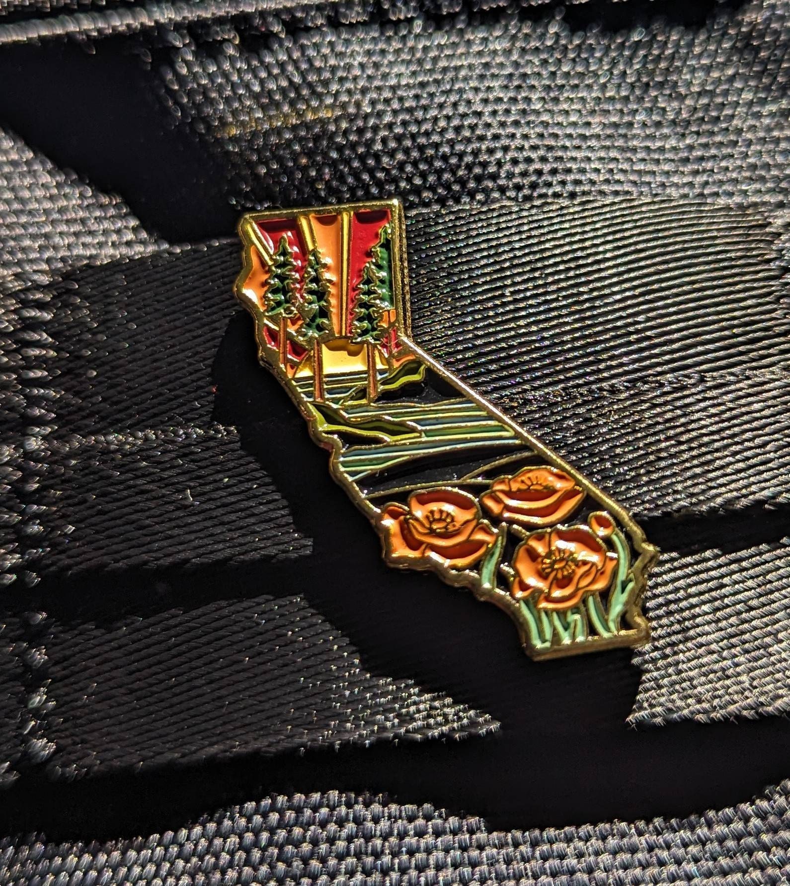 California Poppy Enamel Pin | California Outline Pin | Illustrated State Pin | Butterfly Clasp | 1&quot;