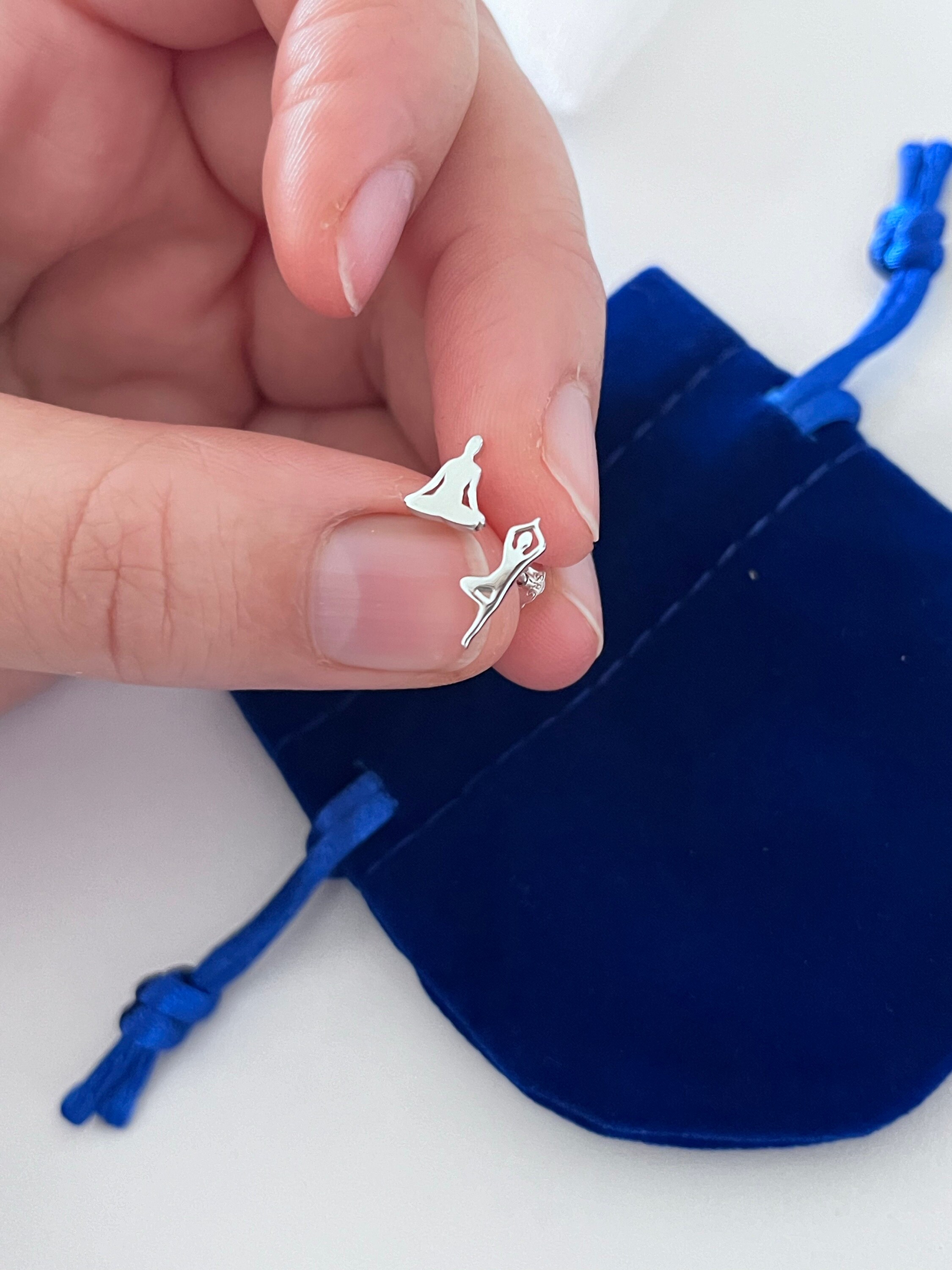 Mismatched Yoga Pose Stud Earrings in Sterling Silver, in Silver or Gold or Rose Gold,   Asymmetric Yoga Earrings, Silver Meditation Earring