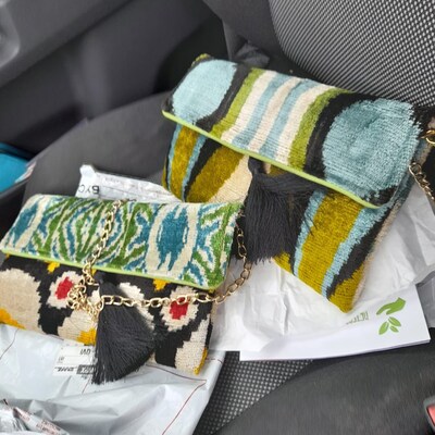 Silk Velvet Ikat Clutch – Handcrafted Pink & Green Bag