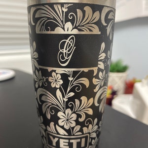 Laser Engraved YETI® or Polar Camel Tumbler with Flourish Wrap-Around Design