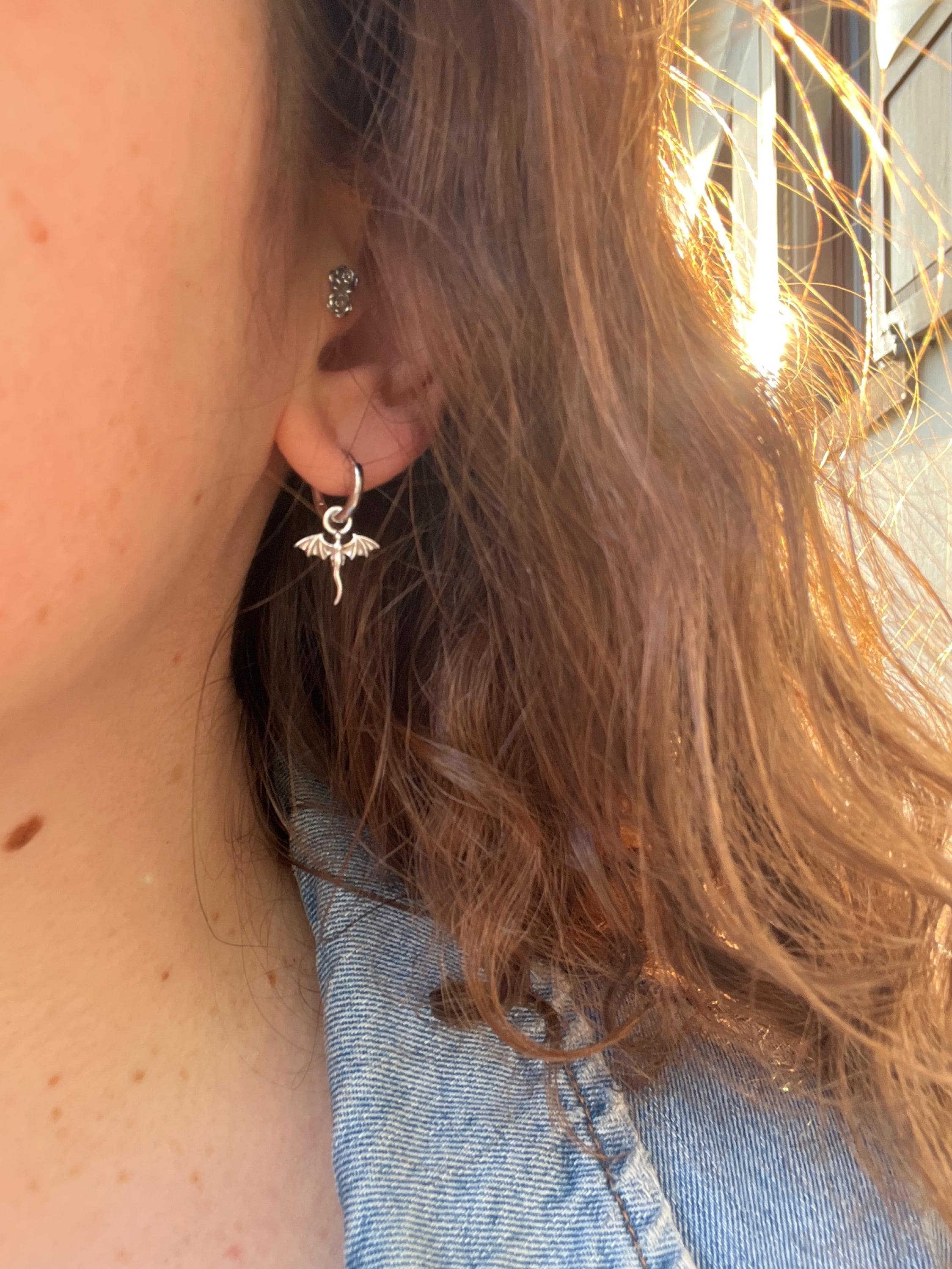 Tiny Dragon Huggie Hoop in Sterling Silver, Silver or Gold or Rose Gold, Dagon Dangle Hoop Earrings, Detachable and Interchangeable