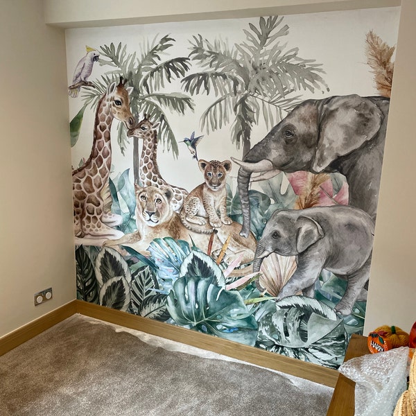 Jungle Safari Wallpaper Mural | Peel & Stick Nursery Wallpaper | Lion ...