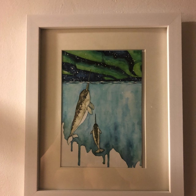 水彩画、イッカクの絵画、イッカク、イッカクのアート、クジラの育児室