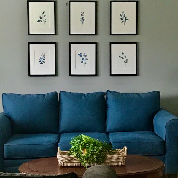 Set of 6 Indigo Blue Botanical, Home Plant Drawings Wall Art Set, Navy ...