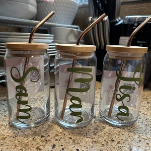 16 Oz Personalized Glass Cup With Bamboo Lid and Straw Custom Beer Can Mug,  Mason Jar, Bridesmaid Gift, Tumbler, Bachelorette Favor 