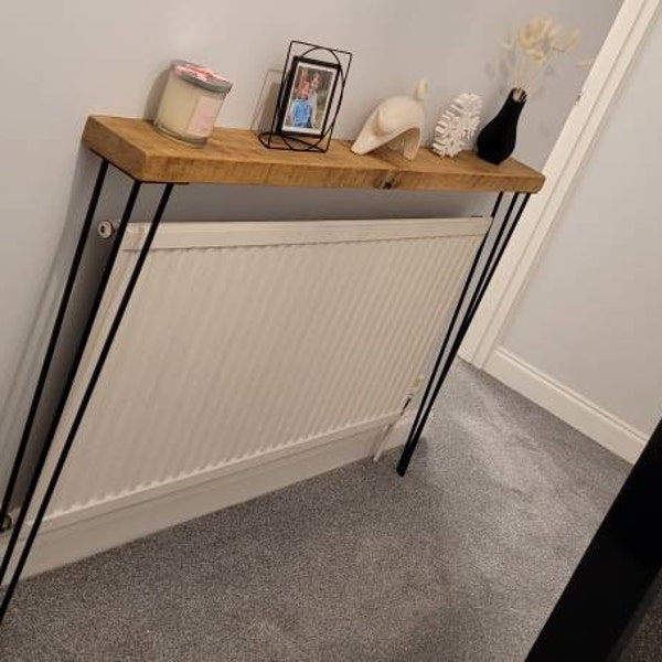 Solid Oak Hand-made Console Table With Black Three Pin Hairpin Legs ...