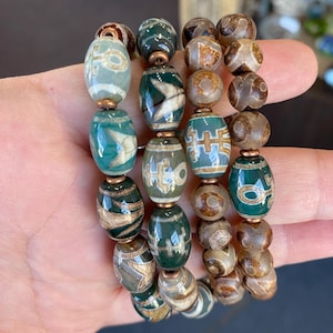 25個入り 古代グリーンチベット瑪瑙 Dzi ビーズ 10 x 14 mm 幸運の瑪瑙