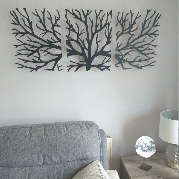Metal Wall Art Decor 3D Sculpture 3 Piece Tree Brunch Modern Fireplace ...