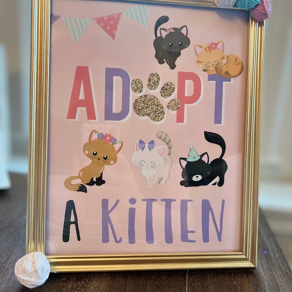 Kitten Party Adoption Sign With Certificates Pink Cat Activity Pawty ...