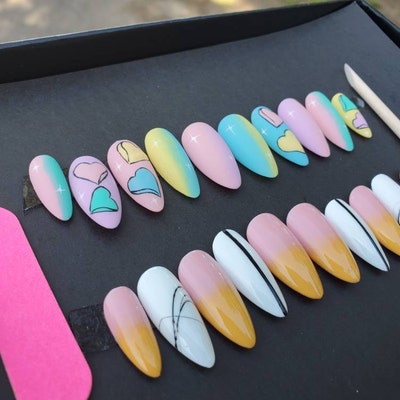 Rainbow Ombre Press on Nails Coffin Heart Abstract Glue on Nails ...