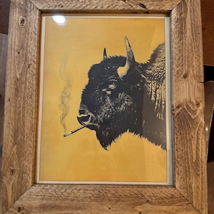 bison cigarettes Bison Smoking a Cigarette Vintage Poster Art Funny Buffalo Retro Whimsical  Print Cabin Wall Decor Outdoor Sports Hunter Illustration
