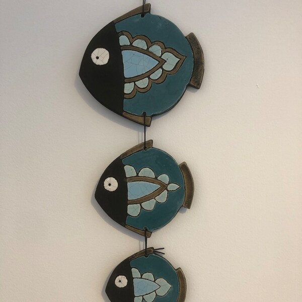 Ceramic Fish Trio to Hang Outside the Door, Wall Ornament. Three Fish