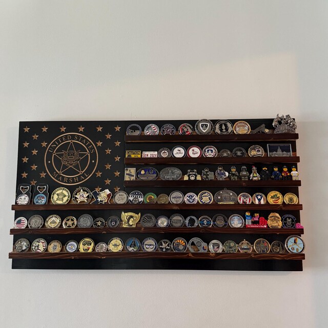U.S. Marshal Wooden American Flag Challenge Coin Display, Holds 90