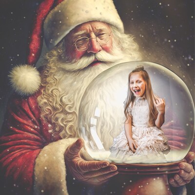 Santa Claus Holding Snow Globe Digital Background, Christmas Digital