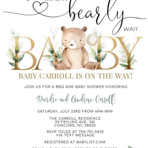 EDITABLE Greenery Gold We Can Bearly Wait Teddy Bear Baby Shower ...