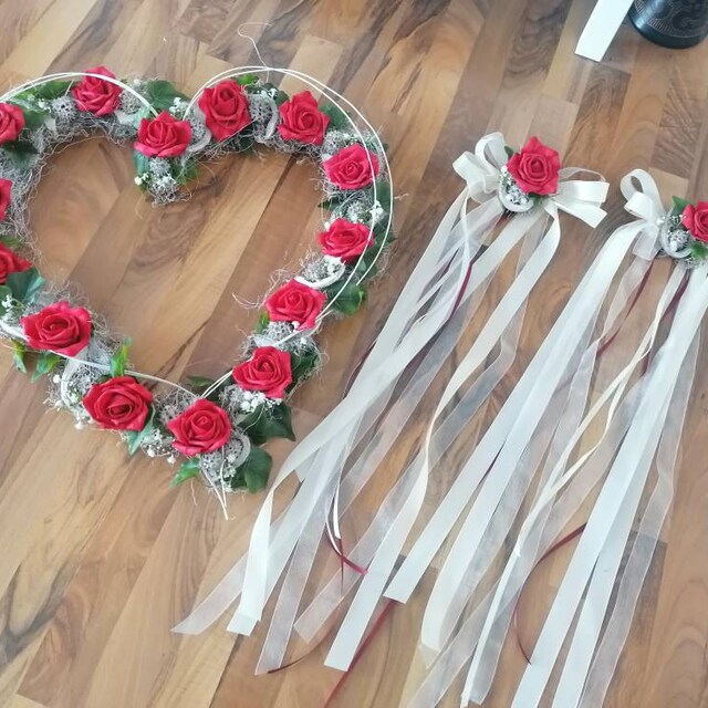Autoschmuck Hochzeit 3-teilig Seidenblumen – Herz Schleifen Set