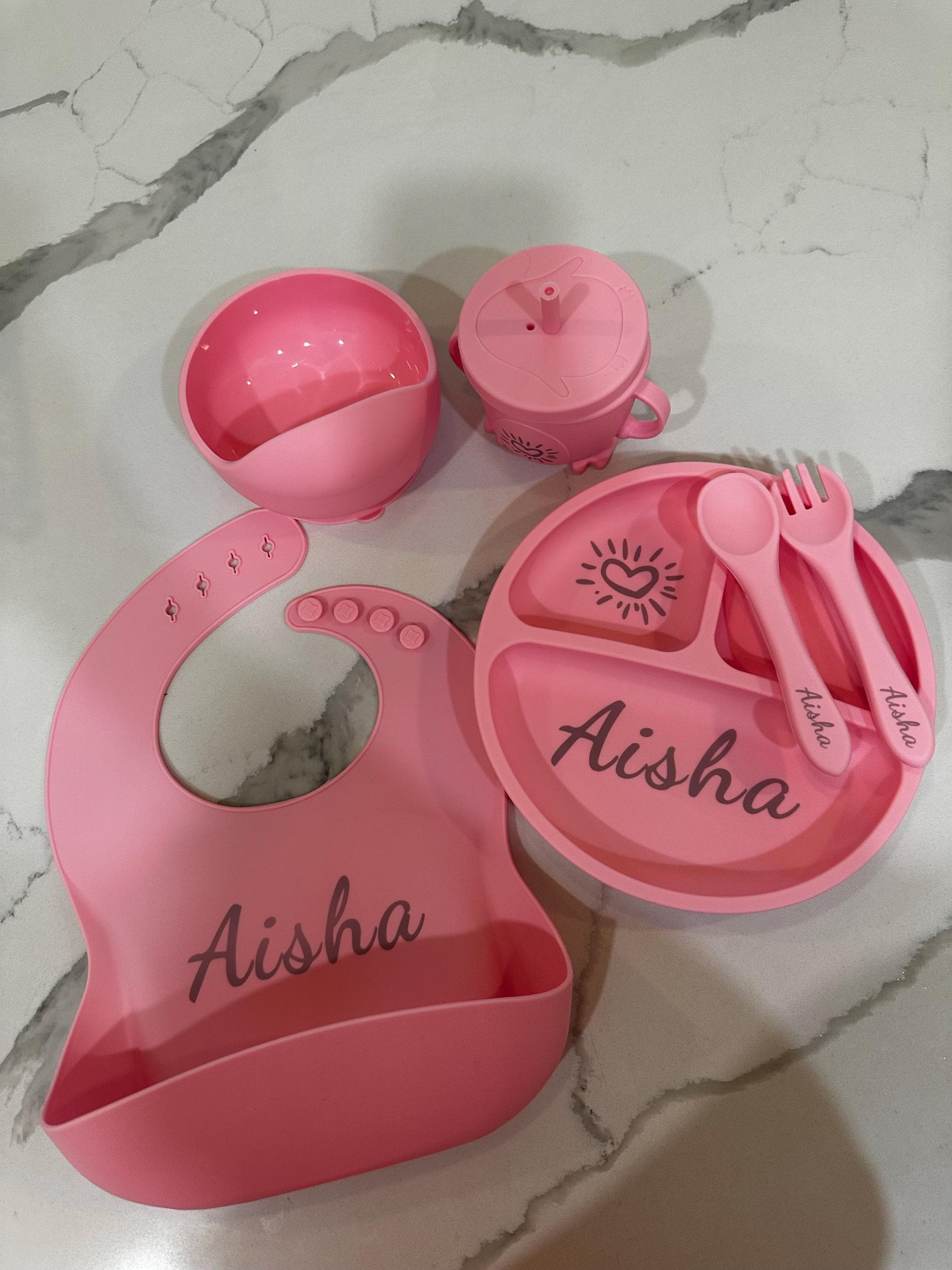 Personalized Silicone Baby Weaning Set | Engraved Silicone Bib | Custom Weaning Set for Toddler | Baby Feeding Set | Baby Shower Gift