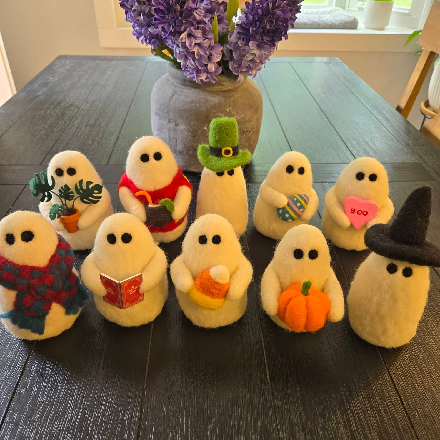 Whimsical Wool Felted Ghosts with Pumpkins | Halloween Decoration