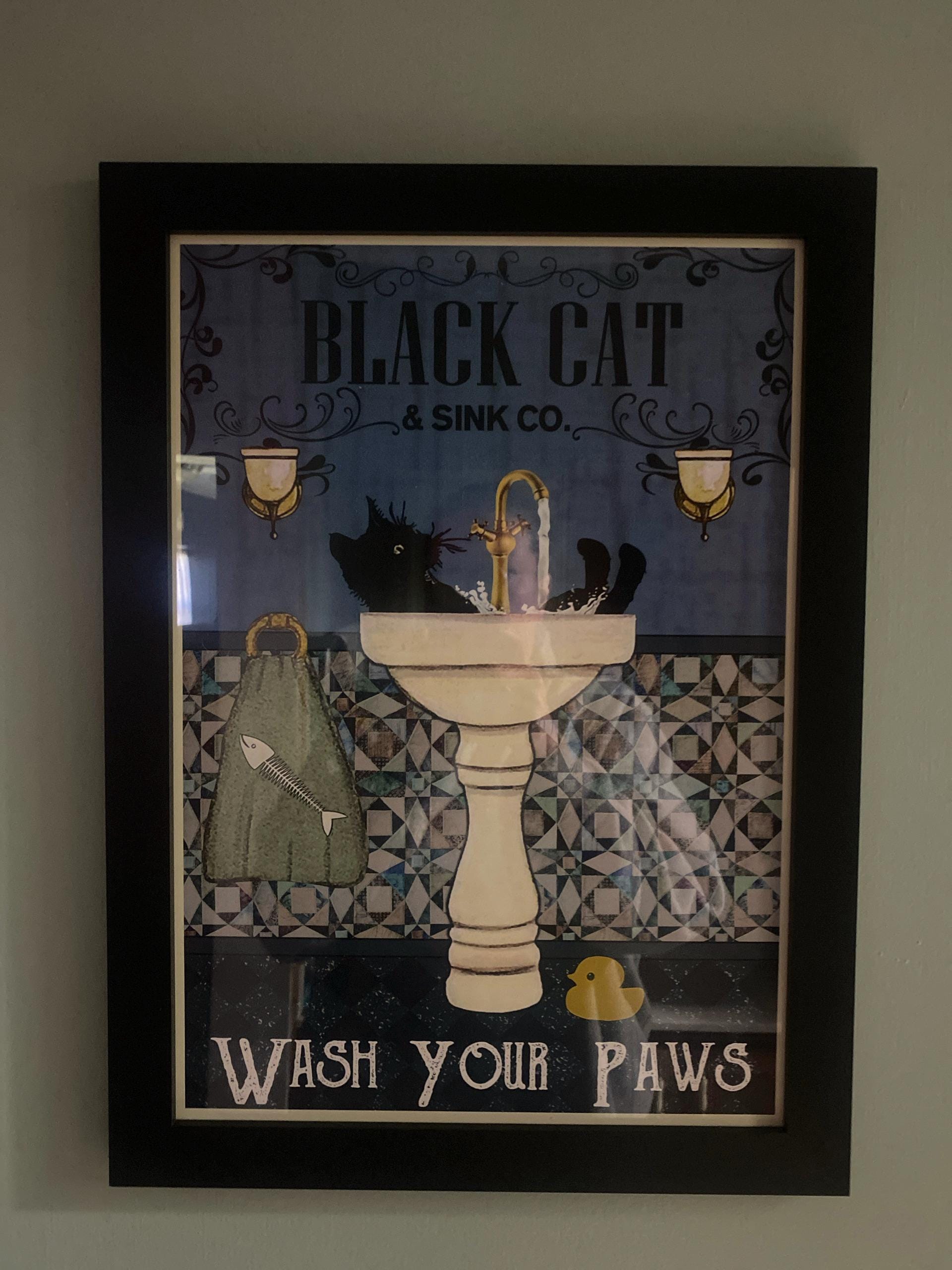 Black Cat Wash Your Paws Poster Bathroom Decoration Print Animal Picture Vintage Wall Art Toilet Restroom Home Decor A4/A3 Framed / Unframed