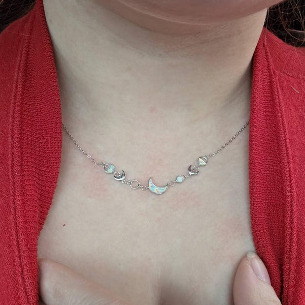 White Opal Moon Phases Necklace, Fire Opal Crescent Moon Sterling ...