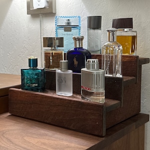 QITTO Cologne Organizer for Men - 3 Tier Vintage Solid Wood Display Shelf -  Vanity Perfume Organizer for Cologne, Perfume, Spice Organizer, Funko Pop